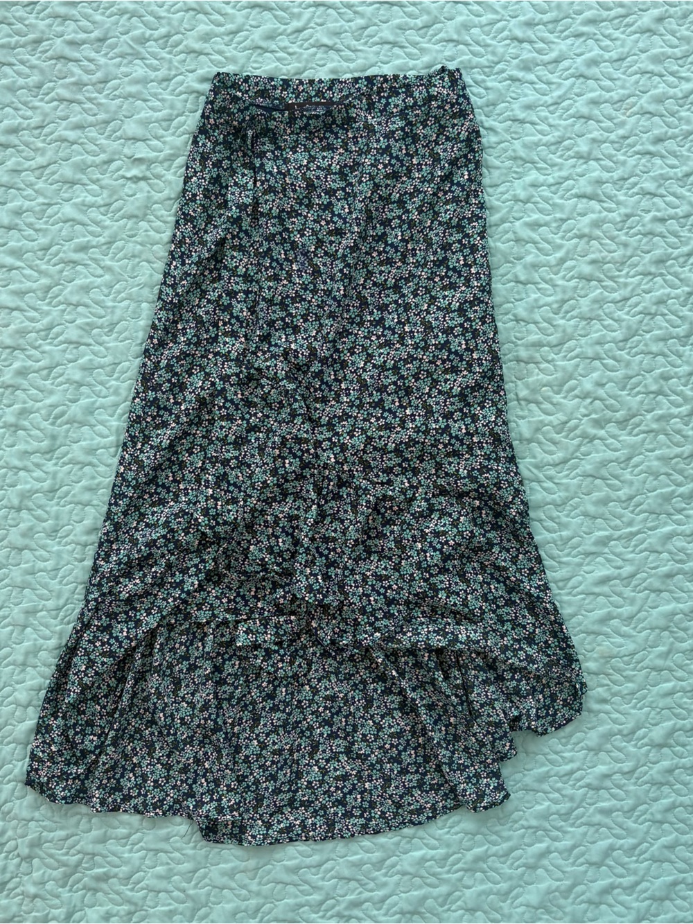 Lulus size small wrap Floral Tiered Maxi Skirt blue teal Mint & Pink Floral